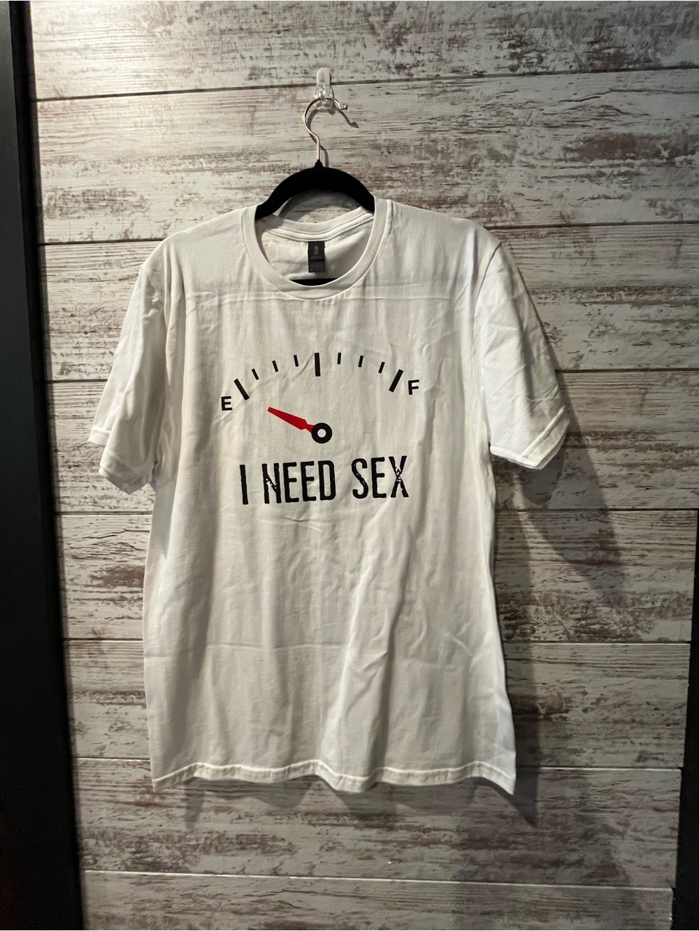 Gildan White Short-Sleeve Tee with Fuel Gauge Graphic and Bold Text